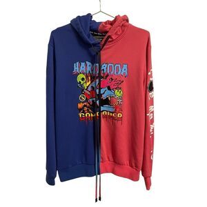 Hardsoda Graphic Misfit Game Over Pull Over Hoodie Blue Orange Unisex XXL